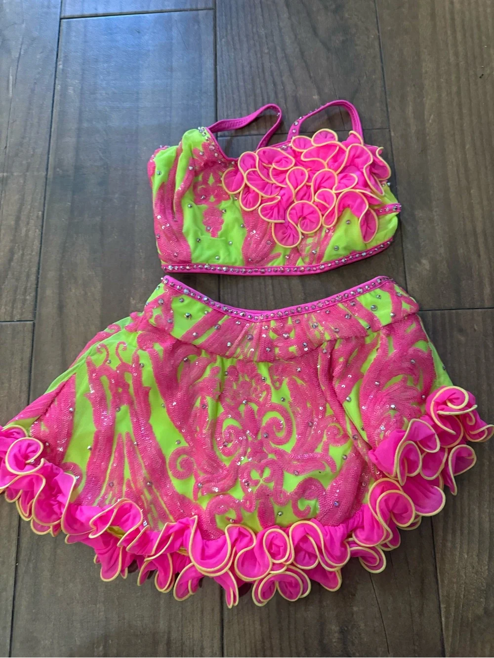 Girls Neon Pink and Lime Dance Costume Set with Ruffle Accents
